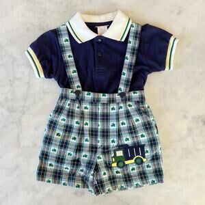 Vintage Y2K Baby Boy Truck Appliqué Plaid Overalls and Polo Outfit / 12 Months